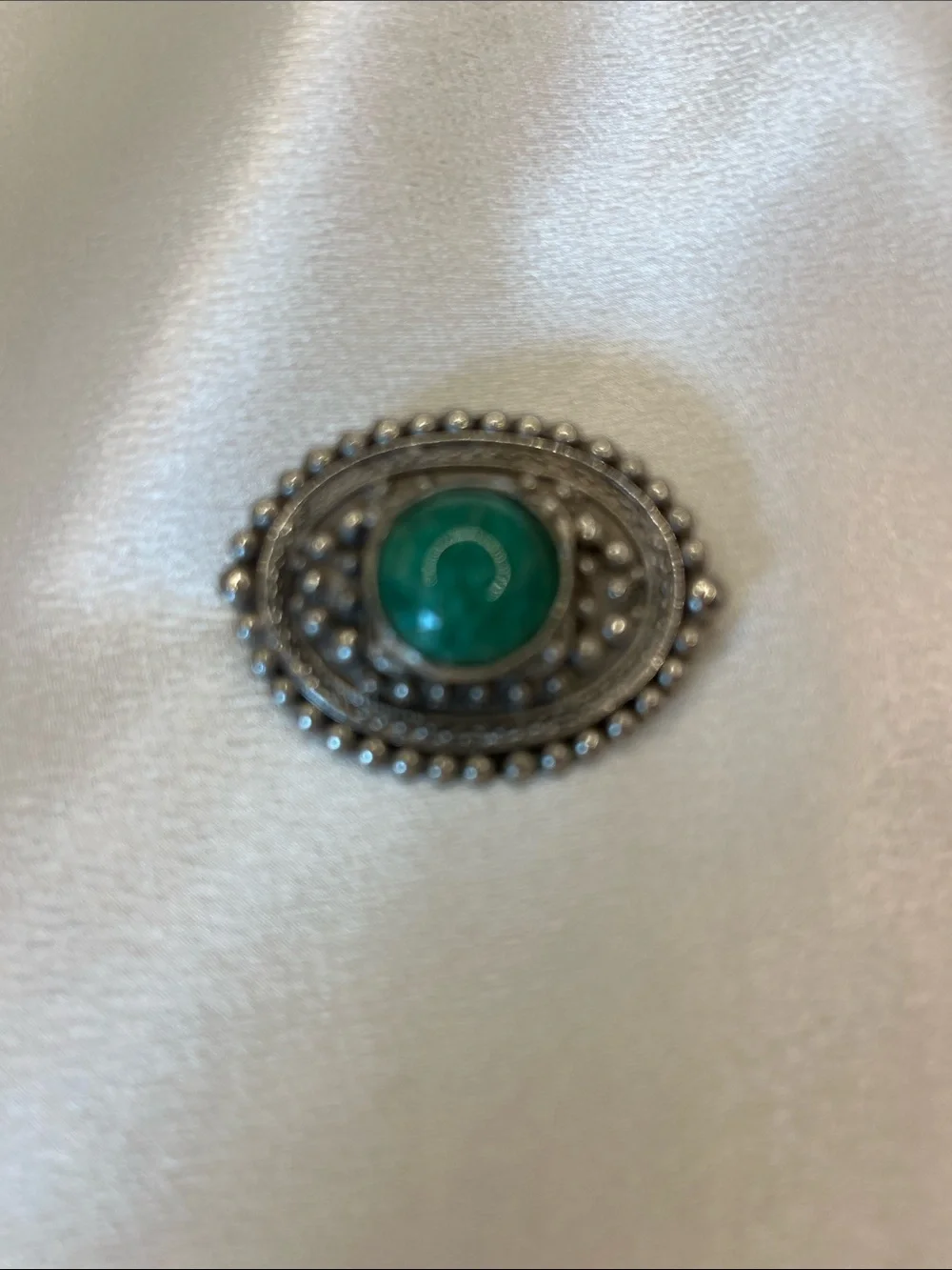 Vintage Green stone brooch. Marked 800 continental Silver frame Piece 2.1 oz/59g